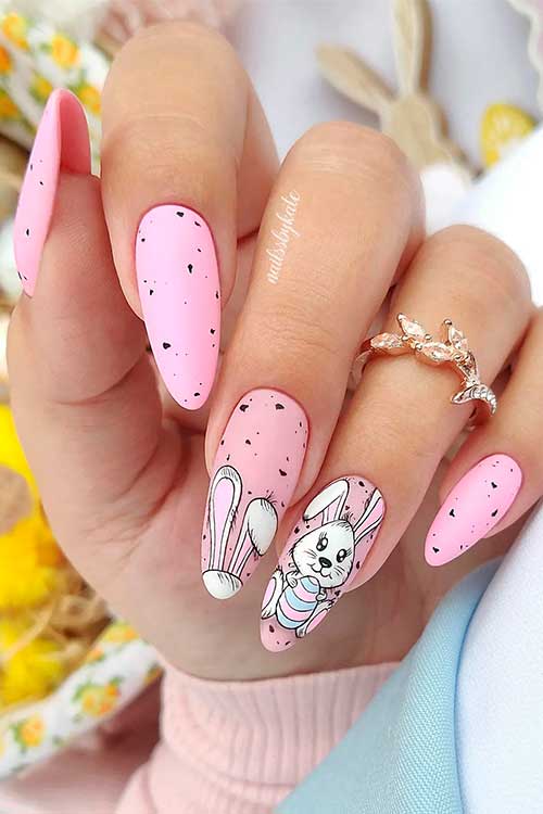 Long Almond Shaped Matte Baby Pink Speckled Cute Easter Nails with Bunny Nail Art