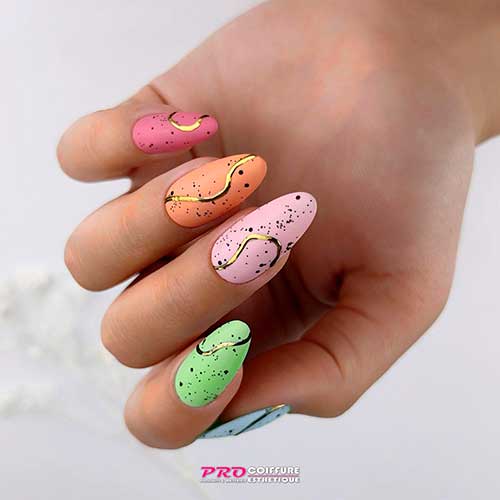 Matte Almond Multicolored Easter Egg Manicure with Gold Swirls