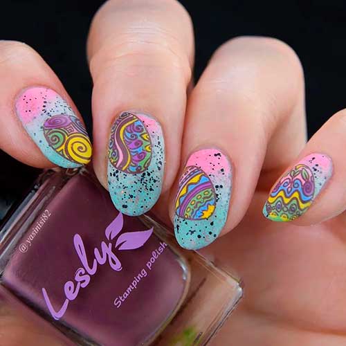Matte Pink Blue Ombre Easter Nails with Colorful Eggs Nail Art