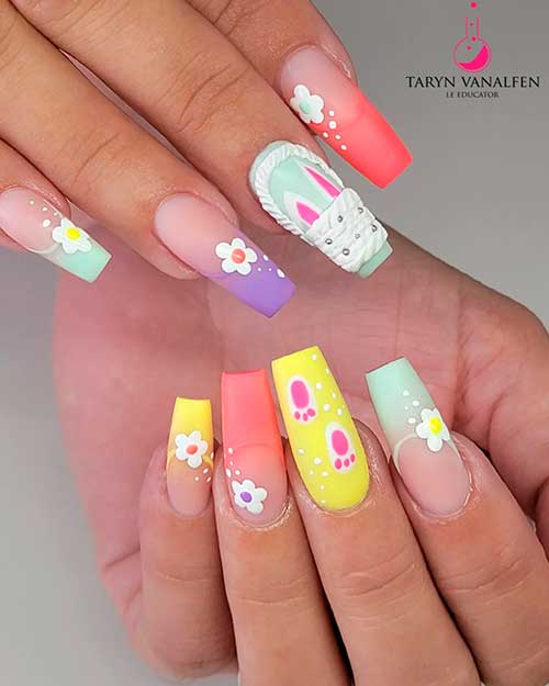 Matte Spring Coffin Shaped Easter Nails Design with Flowers, Easter Basket, and Easter Bunny