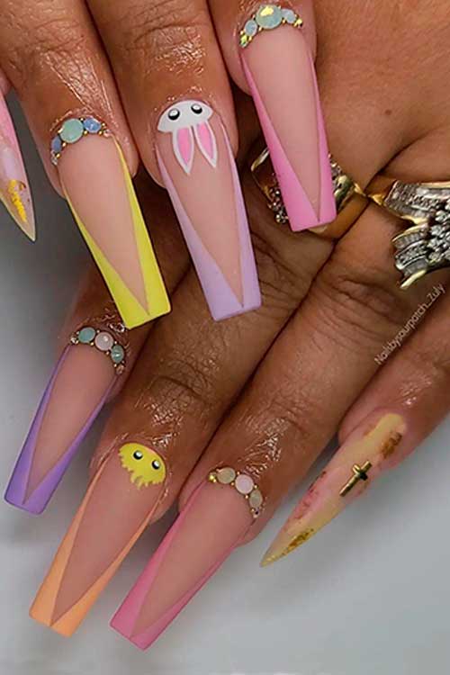 Matte V French Easter Manicure Matte Multicolored V French Easter Manicure with Bunny, Chick, Rhinestones, and Accent Stiletto