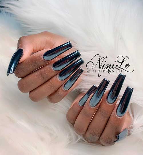 Metallic Black Nail Color on Square Long Nails Long Square Shaped Black Chrome Nails 2022 Set