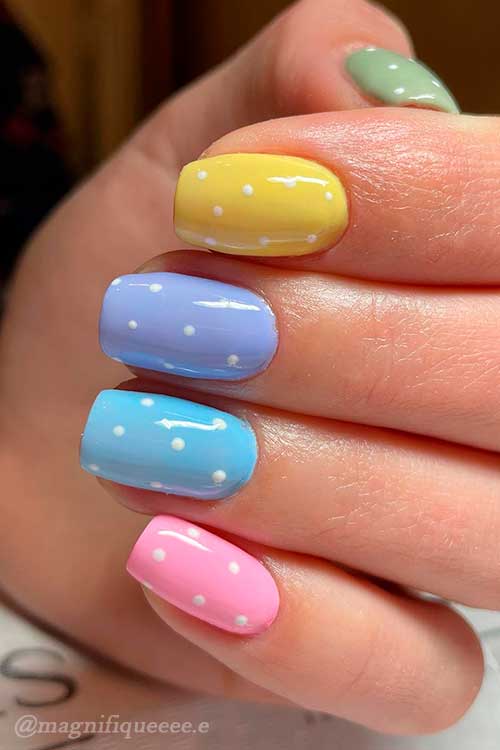 Short Square Shaped Multi color Polka Dot Easter Nail Design