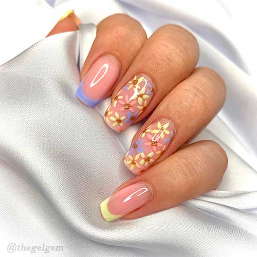 Short Square Shaped Pastel Floral French Manicure for Mother's Day 2022