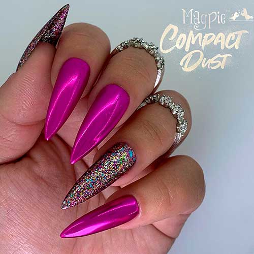 Pink Chrome Nails with Colorful Flakes Accents