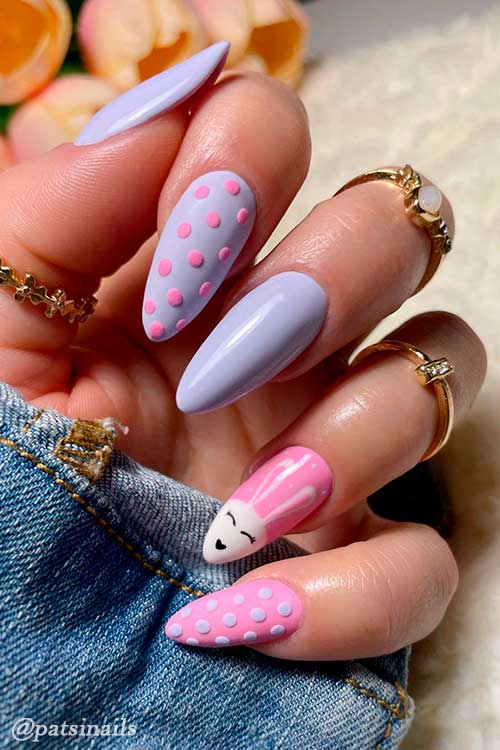 Purple and Pink Easter Nails Idea Long Almond Shaped Purple and Pink Easter Nails Idea with Polka Dots and A Bunny