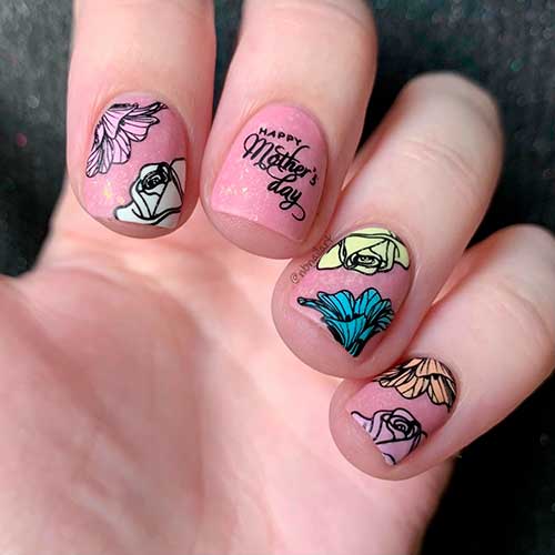 Shimmering Nails with Stamping Floral Nail Art Short Shimmering Pink Nails with Stamping Floral Nail Art for Mother's Day