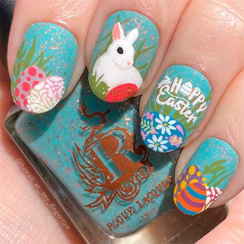 Short Easter Egg Nails with A Bunny and Glitter