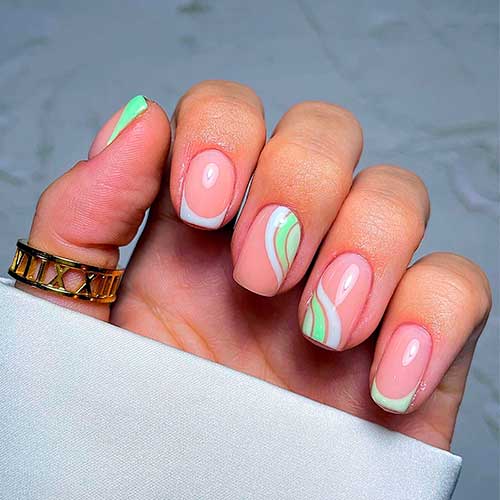 Pastel Green and Blue Simple Spring Nails Short Pastel Green and Blue French Spring Nails 2023 with Swirls on Two Accent Nails