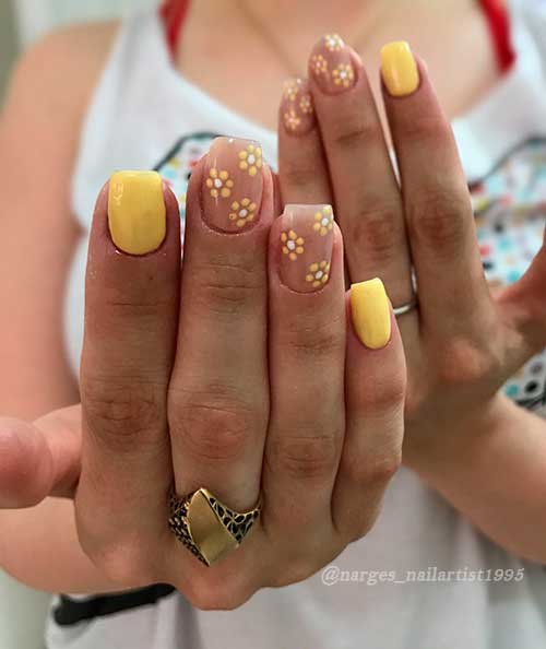 Short Pastel Yellow Nails with Flowers Accents for Spring Time