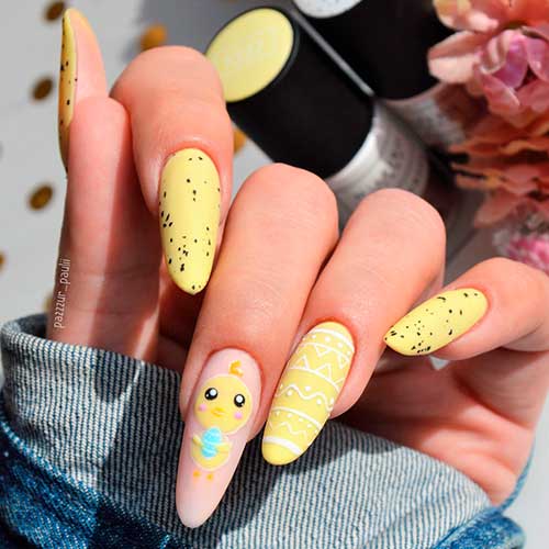Long Almond Matte Light Yellow Easter Nails with A Chick on Nude Accent Nail