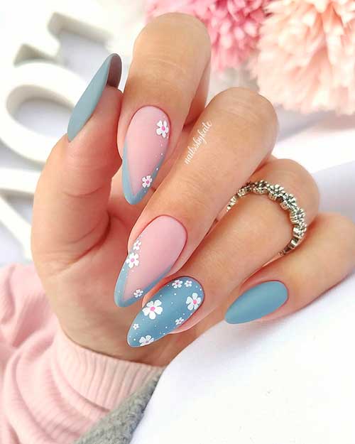 Smokey Grey Nails with White Flowers Long Almond Shaped Smokey Grey Nails with White Flowers and V French Tip Accents