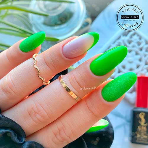 Spring Neon Green Nails Long Round Spring Neon Green Nails with Sugar Effect Glitter and French Accent