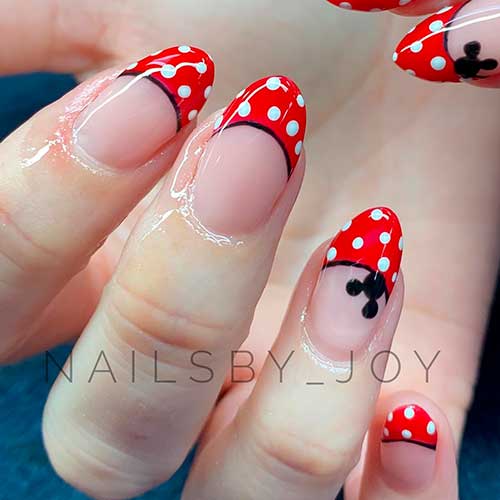 Round Spring White Polka Dot Over Glossy Red French Tip Nails Design