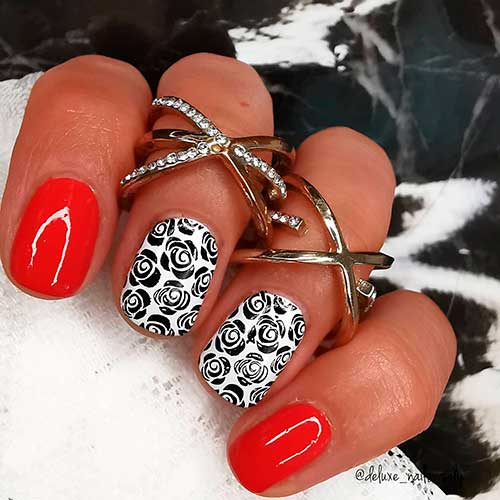Short Spring Red Black and White Nails Design with Two Accent Black Roses Nails
