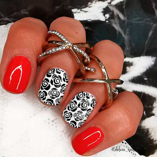 Spring Red Black and White Nails Design Short Spring Red Black and White Nails Design with Two Accent Black Roses Nails