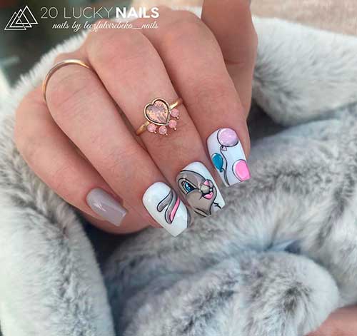 White Grey Short Square Shaped Bunny Easter Nails Design with Balloons