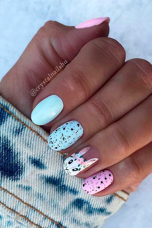 Light Blue, Pink, and Black Speckled Easter Nails Design