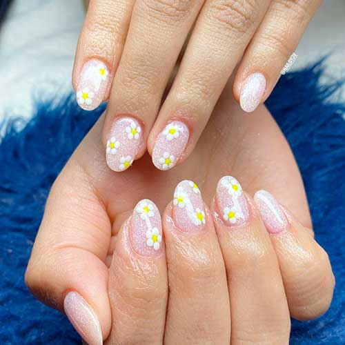 Short round white flower with dipping powder spring nails design