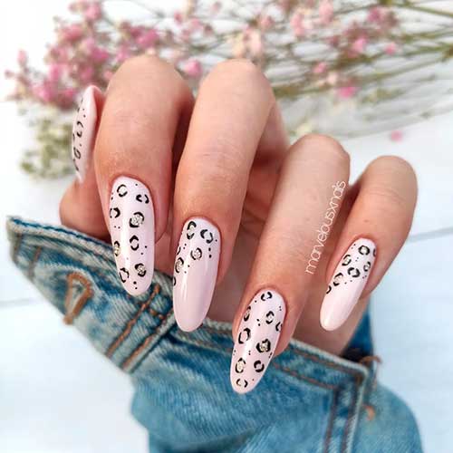 Baby Pink Nails with Leopard Prints Long Round Baby Pink Nails with Sparkling Leopard Prints for Summer 2022