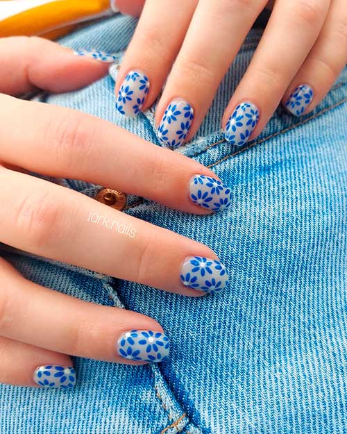 Short Blue Flower Summer Nails 2022 on Milky White Nude Base Color