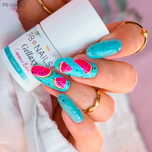 Blue Summer Nails with Black Speckles and Watermelon Slices Shapes Long Round Blue Summer Nails with Black Speckles and Watermelon Slices Shapes on Two Accents for Summer Vacation 2022