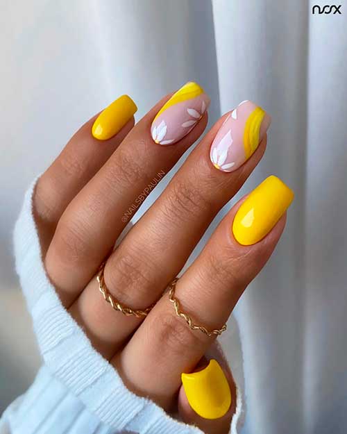 Medium Square Bright Yellow Nails for Summer 2022 with White Flowers on Two Accent Nails