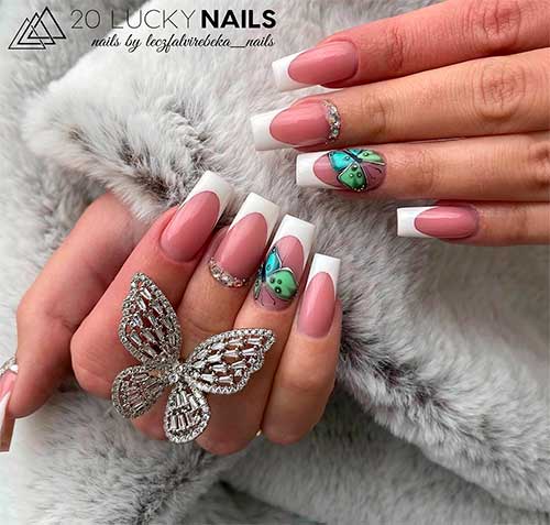 Long Square Butterfly French White Nails Design for Spring and Summer 2022