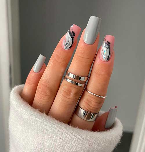 Chic Light Grey Nails Design with Marble Nail Art Uses Transfer Foil