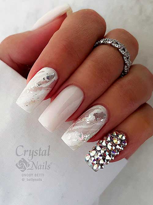 Long Square Shaped Chic Milky White Nails with Two Marble Accent Nails and A Rhine stoned Nail