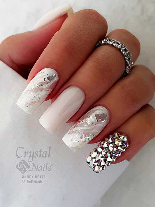 Chic Milky White Nail Design Long Square Shaped Chic Milky White Nails with Two Marble Accent Nails and A Rhine stoned Nail