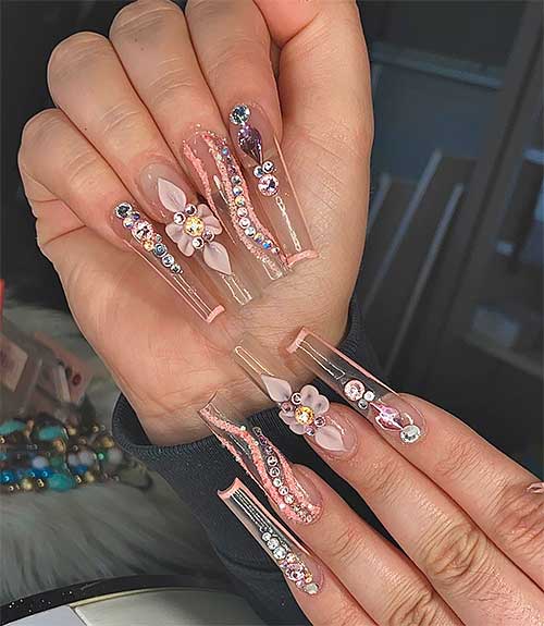 Clear Graduation Nails with Rhinestone Clear Graduation Nails with Rhinestones, 3d Flowers, French Tips, and Glitter Swirls