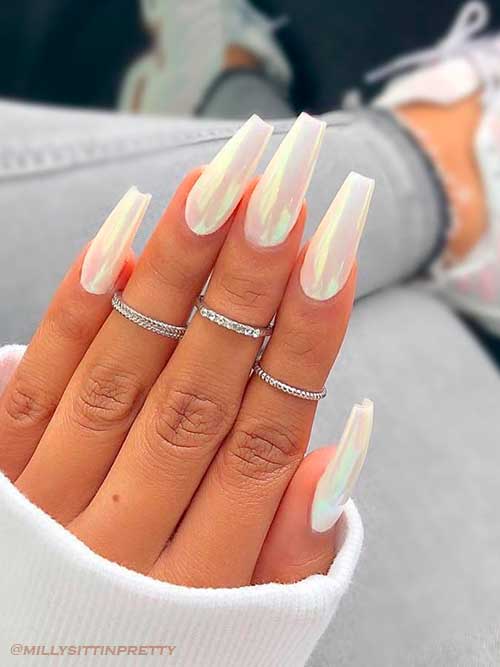 Long Coffin White Pearl Nails for Summer 2022