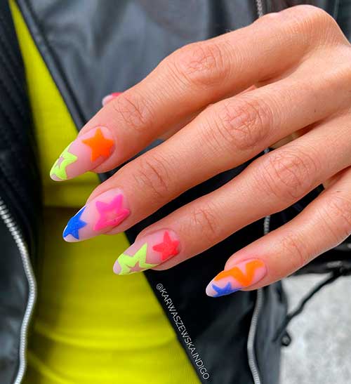 Colorful Stars on Nude Color Nails Colorful Stars on Matte Almond Nude Nails for Summer vacation