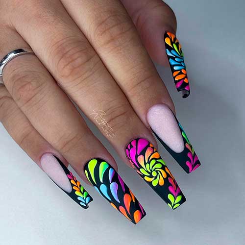 Long Coffin Colorful Vibrant Abstract Summer Nails on Matte Black Base Color and Two Matte Black French Tip Accents