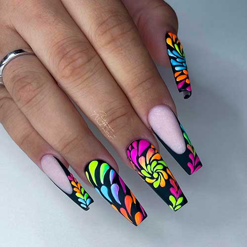Colorful Vibrant Summer Nails Long Coffin Colorful Vibrant Abstract Summer Nails on Matte Black Base Color and Two Matte Black French Tip Accents
