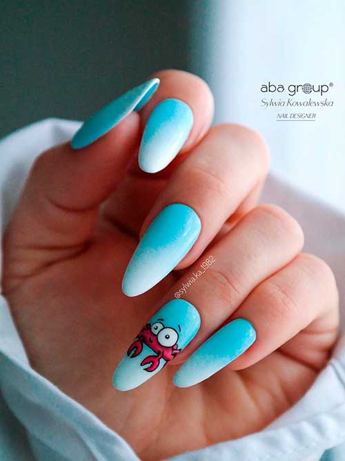 Long Almond Light Blue Ombre Summer Nails with A Crab on Accent Nails
