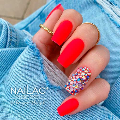 Long Square Elegant Matte Vivid Red Nails with Bling Accent for Summer Vacation 2022