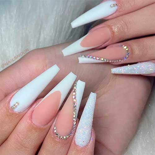 Elegant Matte White Coffin Nails with Rhinestones, Glitter, and French Accent Nails