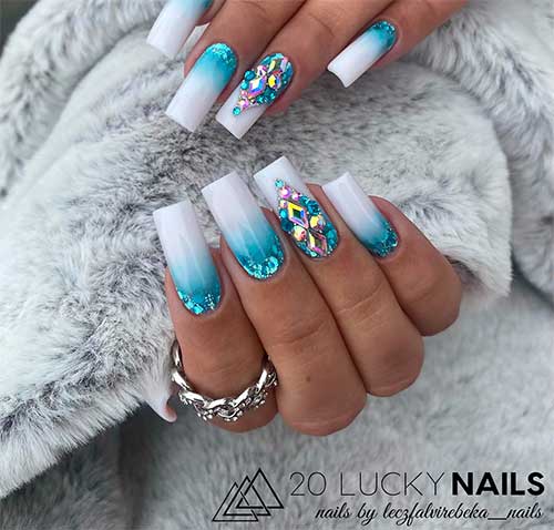Long Square Fancy Gradient Blue to White Nails Design with Glitter and Rhinestones on Accent for Summer 2022