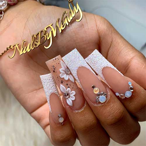 Graduation French Tip Nails Long Square French Tip Graduation Nails with Sugar Glitter Tips, Rhinestones, and 3d Flowers