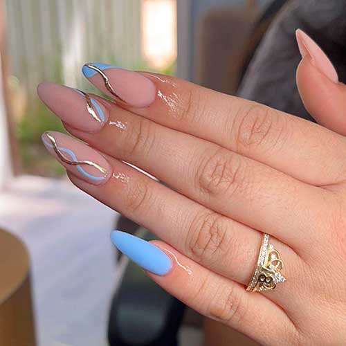 Graduation Swirl Nails Long Almond Matte Graduation Swirl Nails with Light Blue and Glossy Gold Nail Colors