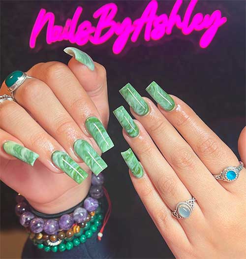 Green Marble Graduation Manicure Long Square Green Marble Graduation Nails Design