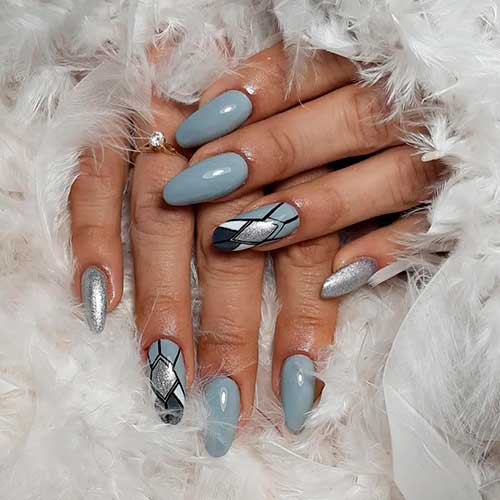 Long Grey Nails with Glitter Silver Design