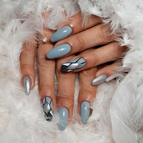Grey Nails with Glitter Design Long Grey Nails with Glitter Silver Design
