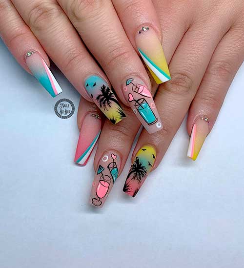 Hawaii Summer Nails Long coffin blue, pink and yellow ombre nails with drink on peach and palm tree inspired accents for Summer 2022