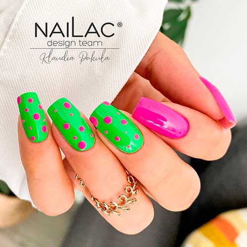 Square Long Hot Pink and Green Bright Summer Nails 2022