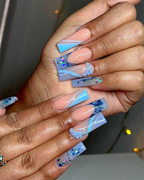 Long Light Blue Graduation Nails Design with Swirls, French Tips, Glitter, and Flowers