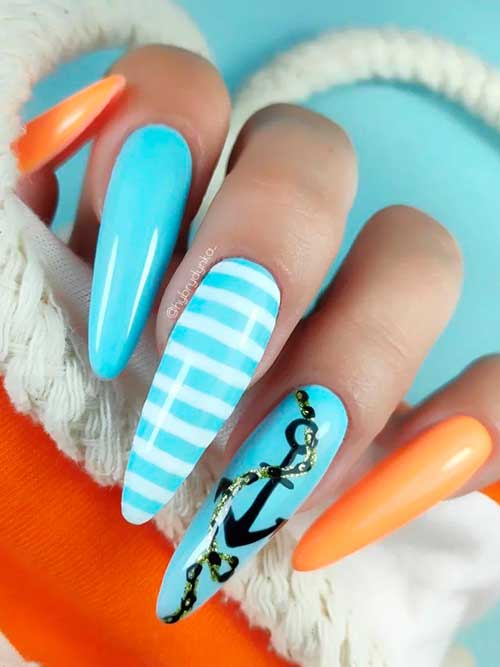Light Blue and Orange Marine Nails Long Almond Shaped Light Blue and Orange Summer Marine Nails 2022