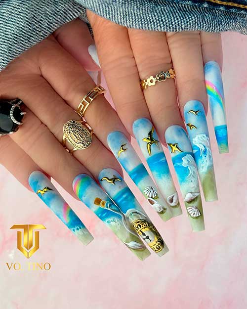 Long Beach Themed Nails for Summer 2022 That Features Sea, Seashore, Snails, and Birds